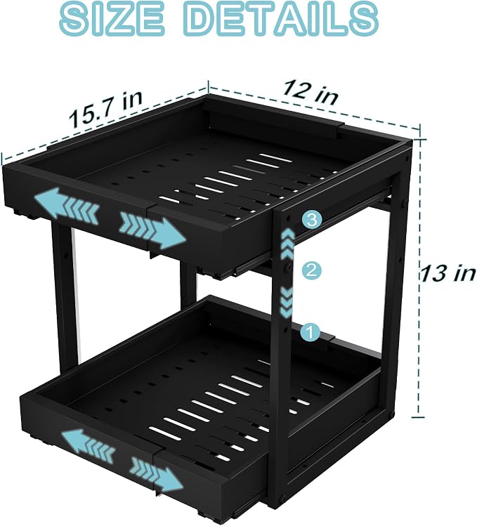 2-Tier Expandable Pull Out Cabinet Organizer, Cabinet Drawers, 16"D | Cabinet Pull Out shelves, Adjustable Pantry Drawers, Slide Out Drawers for Kitchen Cabinets, Under Sink Organizer, Black - Image 4