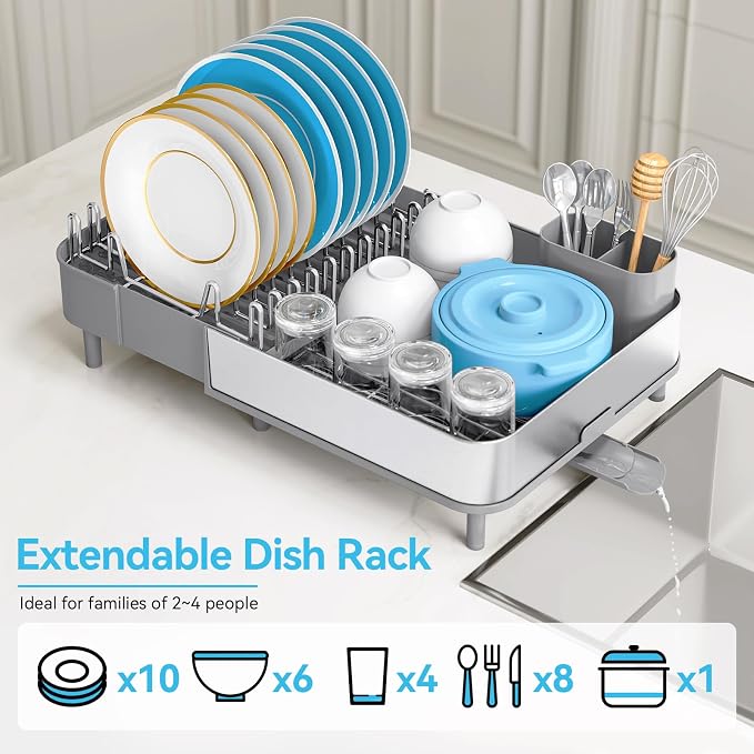 Urackify Stainless Steel Dish Drying Rack for Kitchen Counter,Grey | Extends to 20.67'',Expandable & Foldable,Rust-Resistant,Rotatable Drain Pipe & Utensil Holder,Dish Drainer For 2-4 People - Image 4