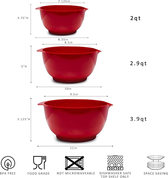 Mixing Bowls Set, 3 Piece Melamine Nesting Bowls with Pour Spout, Non-Slip Base, Great for Prepping, Baking, Mixing Cooking, BPA free and Dishwasher Safe, Red - Image 6