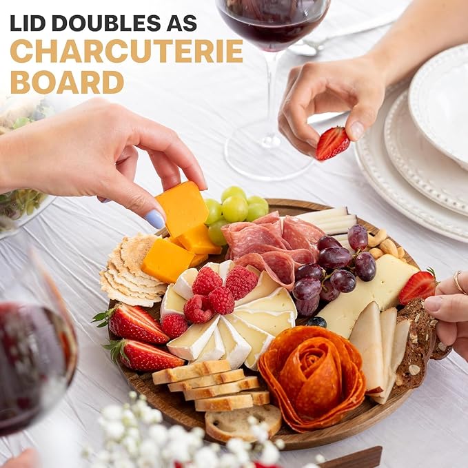 X-Large 6.5 L Glass Salad Bowl with Lid Set, Decorative Glass Mixing Bowl, Trifle and Serving Bowls with Lids as Cheese Charcuterie Board and Plate, Comes with Wood Serving Utensils - Image 6