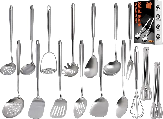 304 Stainless Steel Kitchen Utensils Set, 18PCS All Metal Cooking Tools Set with Whisk, Masher, Tongs, Ladle, Turner, Skimmer & Serving Spoons, Heavy Duty Dishwasher Safe Kitchen Gadget Set by Toqraft