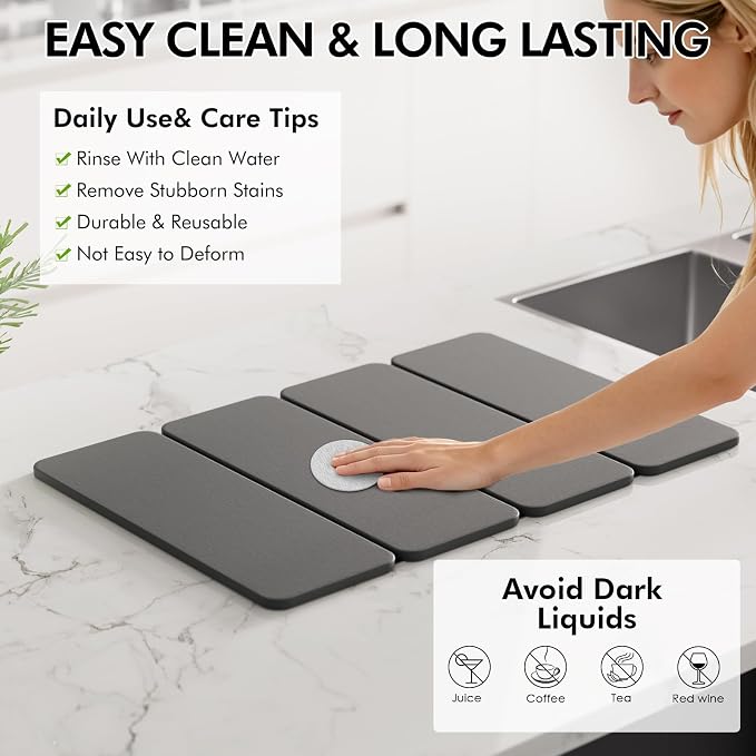 Stone Dish Drying Mat for Kitchen Counter, 24x16 Inch Super Absorbent Diatomaceous Earth Dish Drying Mat with Bamboo Dish Rack, Collapsible Fast Dry Drying Mat for Utensils Dishes Cups - Image 6