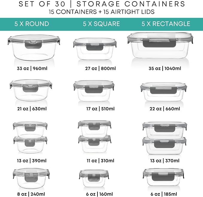 Razab 30 PC Glass Food Storage Containers with Lids - Reusable Glass Meal Prep Containers for Lunch and Leftovers - Airtight & Leakproof Snap Locking Lids - Oven, Freezer, Microwave & Dishwasher Safe - Image 2