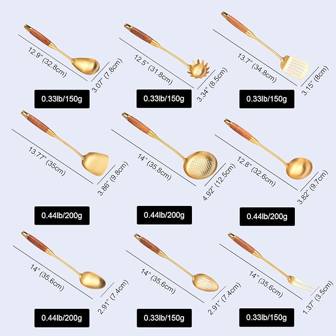 Gold Kitchen Utensils Set Stainless Steel 9 PCS with Wooden Handle | Food-grade 304, Sturdy, Wooden Handle, Anti scald, Work with large batches, Good weight, Well Balance, 13-14 Inch - Image 6