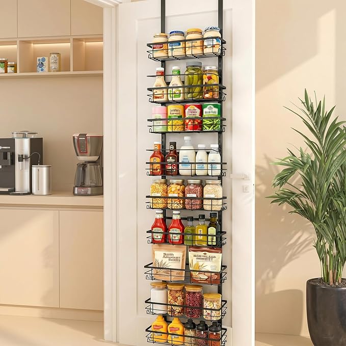 Over the Door Spice Rack 9-Tier Black for Kitchen Pantry | Adjustable 9-tier metal over-door storage rack for kitchen, pantry. Rust-resistant, hooks, suction cups, no-drill. - Image 6