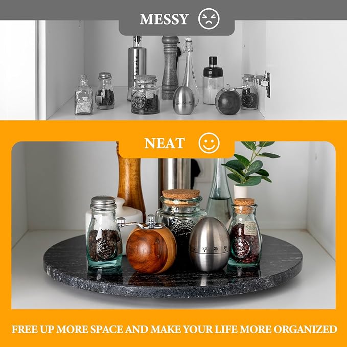 16'' Marble Lazy Susan for Kitchen, Black Marble Turntable for Dinning, Stone Lazy Susan Organizer for Cabinet, Serving Rotation Spinning Tabletop Organizer Swiveling - Image 5