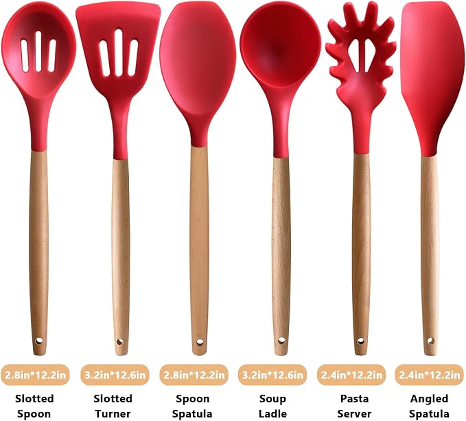 Kitchen Cooking Utensils Set 6Pcs Heat Resistant Silicone Kitchen Utensils Spatula Spoon Turner Ladle w Wooden Handle, BPA FREE Silicone Cooking Tool Gadget Set for Nonstick Cookware & Baking - Image 3