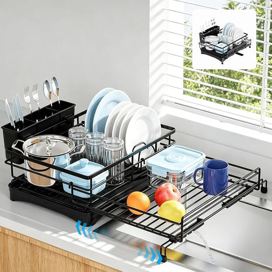 Expandable Dish Drying Rack for Kitchen Counter, Large Capacity Dish Rack with 360° Rotatable Drain Spout & Utensil Holder, Stainless Steel Dish Drainer for Kitchen Sink, Black by Unknown