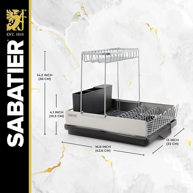 Sabatier Compact 2-Tier Dish Drying Rack with Flatware Caddy and Knife Insert - Stainless Steel Dish Rack for Kitchen Counter, Space-Saving Drainer with Drainboard Spout - Image 4