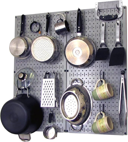 Wall Control Kitchen Pegboard Organizer Pots and Pans Storage Rack Organization Kit with Grey Pegboard and Black Accessories by Wall+Control
