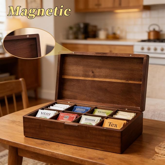 Acacia Wood Tea Bag Organizer with Compartments | Tea Packet Storage Boxes & Display Caddy, Multi-Slot Teabag Holder Container Chest, For Countertop, Organizador de Té - Image 2