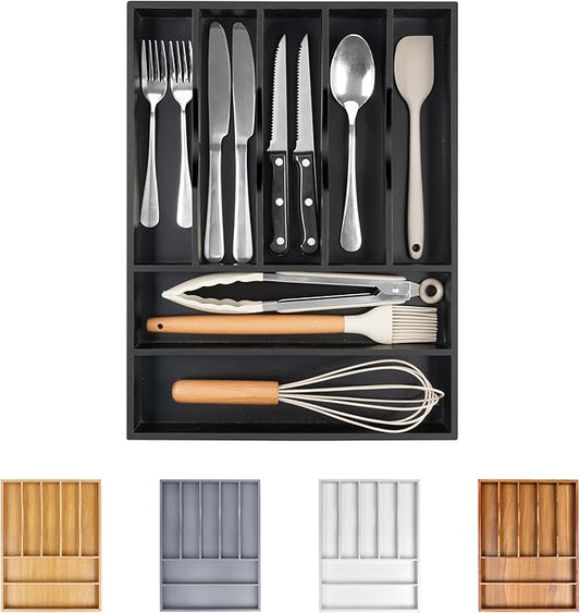 Bamboo Silverware Drawer Organizer, Utensil Kitchen Drawer Organizer, Utensil Holder Cutlery Tray with Grooved Drawer Dividers for Kitchen Utensils and Flatware Bedroom Office (7 Slot, Black) by Bellsal