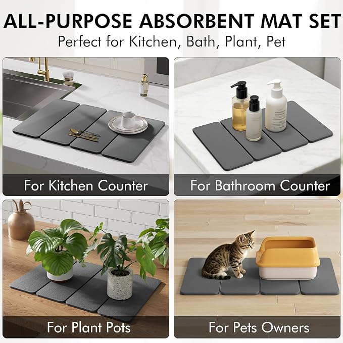Stone Dish Drying Mat for Kitchen Counter, 24x16 Inch Super Absorbent Diatomaceous Earth Dish Drying Mat with Bamboo Dish Rack, Collapsible Fast Dry Drying Mat for Utensils Dishes Cups - Image 7