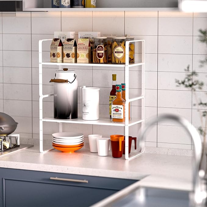 Expandable Kitchen Cabinet Shelf Organizers 2 Pack, Stackable Metal Pantry Storage Shelves Rack, Adjustable Counter Shelf for Cabinets, Countertop, Cupboard Organizers and Storage, White - Image 4