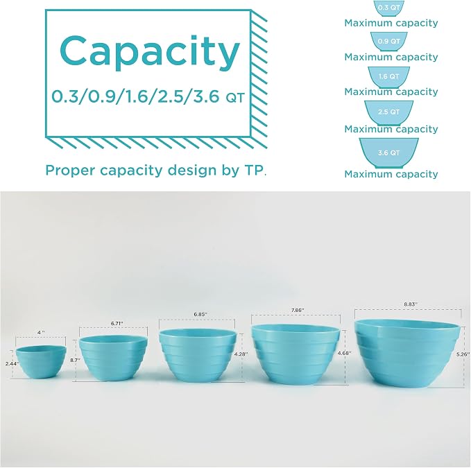 TP Mixing Bowls with Lids, 10-Piece Nesting Melamine Bowls Set for Prepping Serving Baking Cooking, Non Slip Bottom, Set of 5, Teal - Image 7