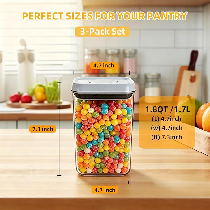 Pop Push Button Airtight Food Storage Containers 3 Pack (1.8Qt) | BPA-Free Stackable Rectangular Canisters for Coffee Beans, Snacks, Cereal, Grains, Dry Food - Image 3