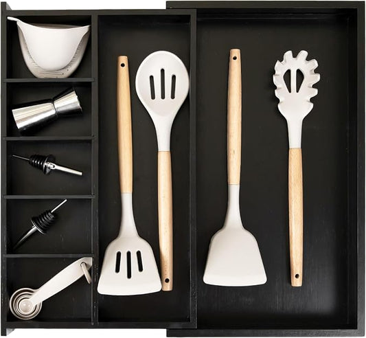Utensil & Junk Drawer Organizer, 10.5-19 in, Black Bamboo | Food-safe contract grade, 100% sustainable wood, non-slip, adjustable by KitchenEdge