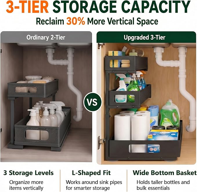 3 Tier Under Sink Organizer,1 Pack Pull Out Cabinet Shelves with Adjustable Height,Heavy Duty Carbon Steel L-Shaped Storage for Kitchen Bathroom Sink,Pantry & Laundry,Black - Image 5