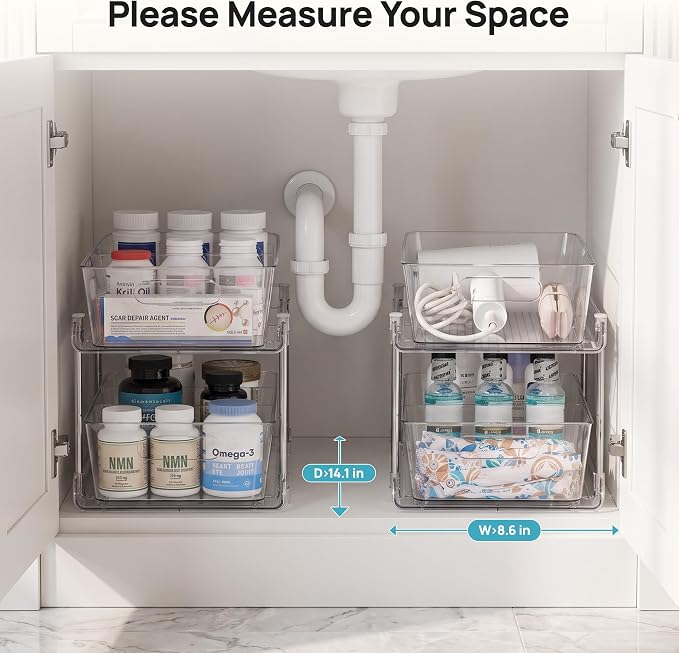 Vtopmart 2 Pack Larger Pull Out Bathroom Under Sink Organizer (M-Standard) | Slide-out drawers, Multi-purpose storage, Clear visibility, Easy Set-up - Image 6