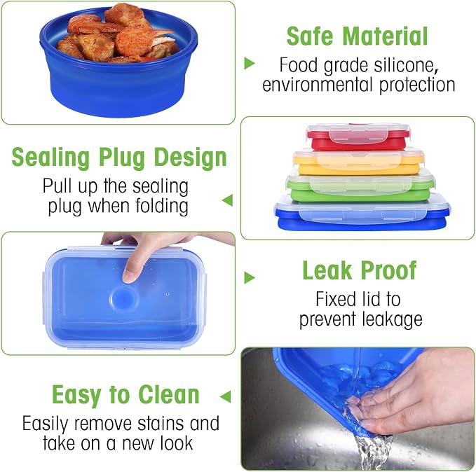 Yaomiao 16 Pack Collapsible Food Storage Containers with Lid Air Vent Foldable 8 Rectangle Storage Bowl and 8 Round Silicone Food Bow for Lunch Camping Rv Accessories Microwave Freezer(Bright Colors) - Image 3