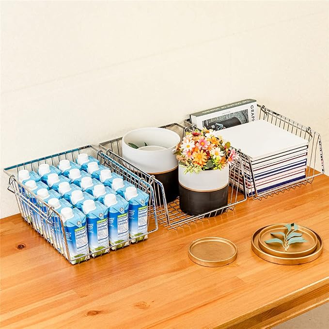 SANNO Stacking Baskets Bin Baskets Wire Storage Baskets Organization Farmhouse Scoop Baksket for Pantry, Kitchen, Closets, Bathroom, Cabinets, Kitchen, Set of 3 - Image 4