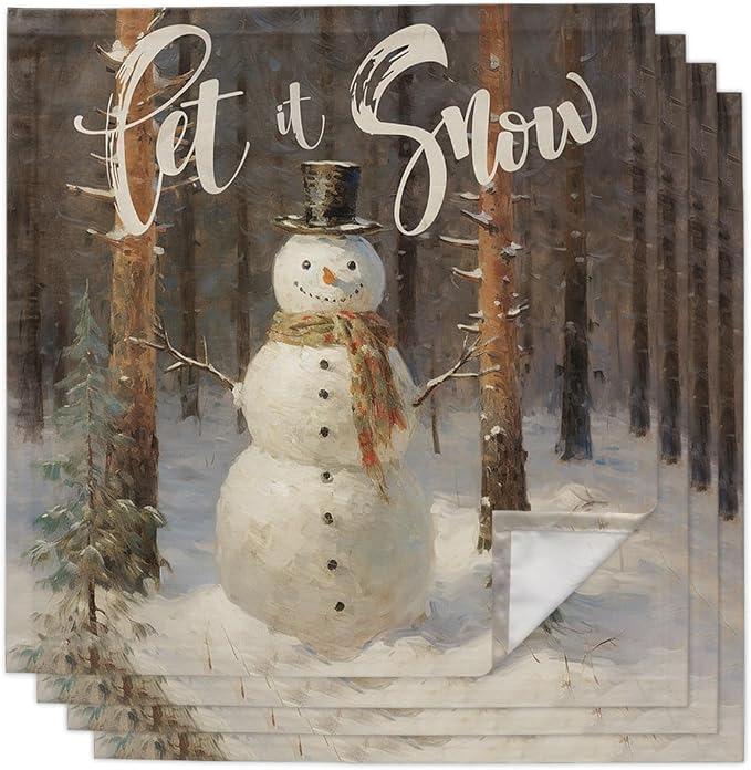 Christmas Cloth Napkins Set of 4, Xmas Tree Snowman Let Snow Oil Painting Dinner Napkins Cloth Washable, Cocktail Napkins Reusable for Wedding, Party, Birthday (20"x20") by Unknown