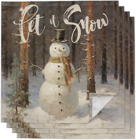 Christmas Cloth Napkins Set of 4, Xmas Tree Snowman Let Snow Oil Painting Dinner Napkins Cloth Washable, Cocktail Napkins Reusable for Wedding, Party, Birthday (20"x20") by Unknown