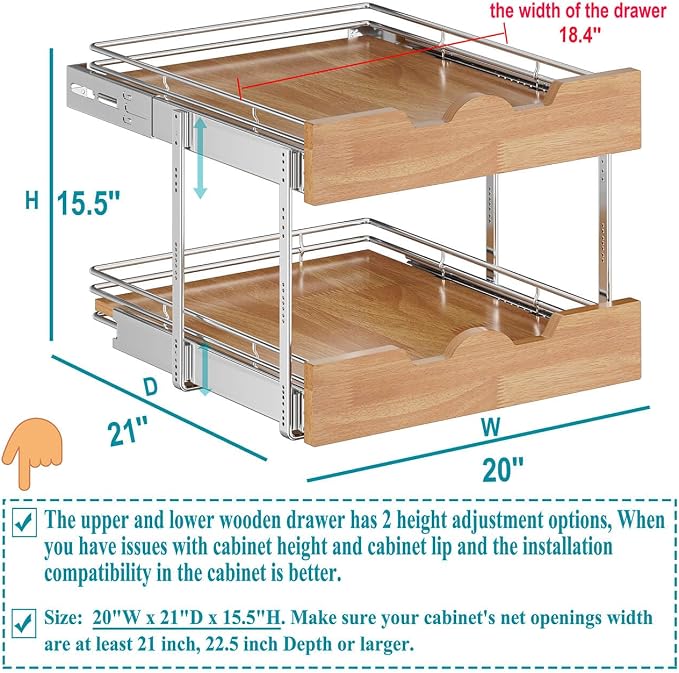 OCG Pull Out Cabinet Organizer 20" W x 21" D, 2 Tier Slide Out Shelf, Heavy-Duty Pull Out Drawer for Cabinets, Base Cabinet Organization for Kitchen, Pantry, Bathroom - Image 2