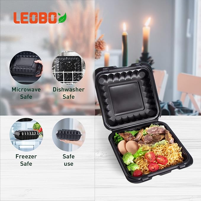 8 Inch 34oz 55-Pack Black To Go Boxes - Shrink Wrapped No Pre-Wash | BPA Free Sturdy Reusable & Elegant | Microwave Safe for Hot Meals, Leftovers & Events | Disposable Takeout Food Containers - Image 3