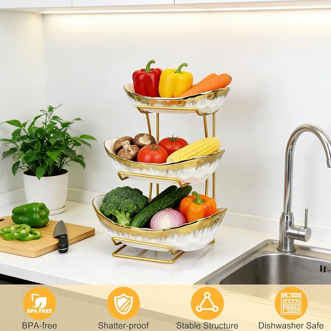 3 Tier Fruit Bowl for Kitchen Counter,Ceramic Fruit Basket with Metal Stand | Tiered Holder for Displaying Snacks, Vegetables, Nuts, Desserts, Bread, Candy Storage, Modern Countertop Organizer - Image 5