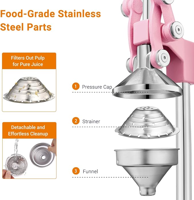 TONGCHANT Cast Iron Manual Juicer for Orange Lemon Lime Pomegranate &Citrus | Heavy Duty Orange Juicer Squeezer, Hand Press Juicer, Citrus Press, Stainless Steel Cup, Easy to Clean, Pink - Image 3