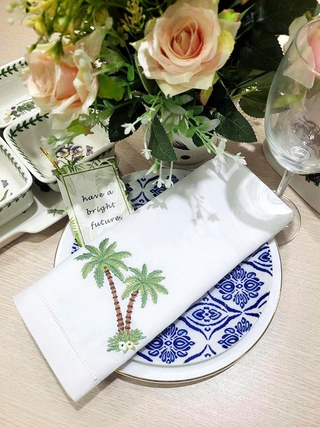 Embroidered Cloth Napkin Palm Tree Cotton Napkins Set of 6, 20 x 20 Hemstitch Table Napkins, Machine Washable, for Daily & Holiday Dining, Great Gift Ideas - Image 2