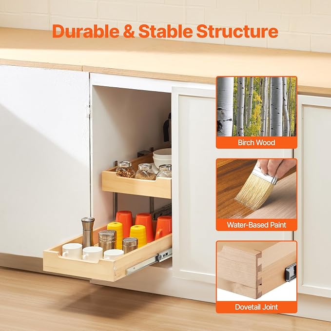 VEVOR 2 Tier Pull Out Cabinet Organizer, 14" W x 21" D Cabinet Drawer, Soft Close Slide out Shelf, Heavy-Duty Sliding Wood Drawer, Adjustable Base Cabinet Organization for Kitchen Pantry Bathroom - Image 2