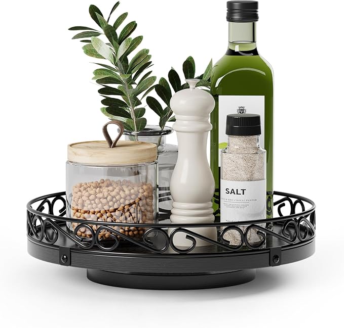 9" Lazy Susan Turntable Organizer for Table Top, Wood Lazy Susan Cabinet | Farmhouse Rotating Decor Tray for Dining Table, Pantry, Kitchen Countertop, Spice, Bathroom Vanity, Round Patterned Rim,Brown by Yoobure