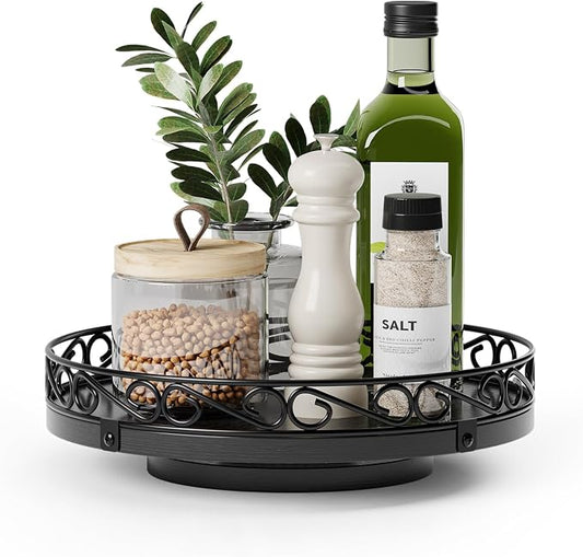 9" Lazy Susan Turntable Organizer for Table Top, Wood Lazy Susan Cabinet | Farmhouse Rotating Decor Tray for Dining Table, Pantry, Kitchen Countertop, Spice, Bathroom Vanity, Round Patterned Rim,Brown by Yoobure