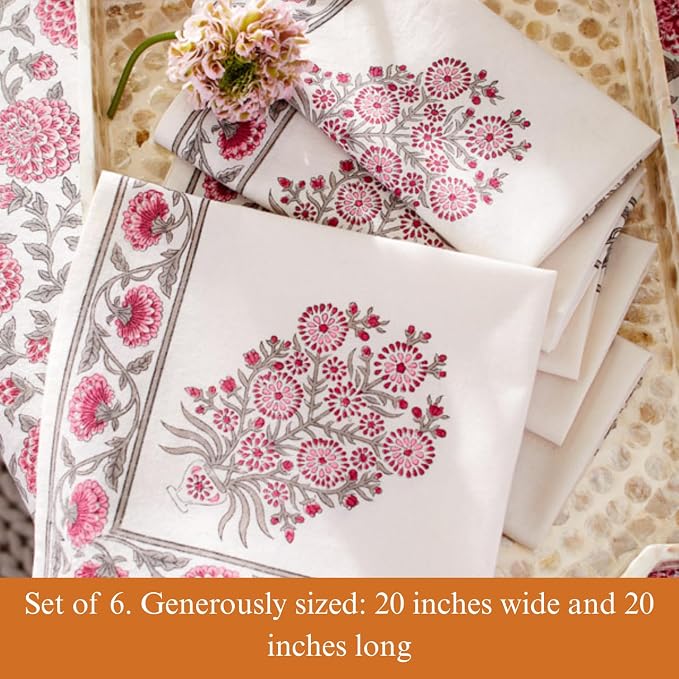 100% Pink Cotton Dinner Napkins, Set of 6, Hand Printed Dahlia Daydreams - CP Design, Fair Trade, Washable Cloth Napkins for Parties & Cocktails 20x20 in - Image 4