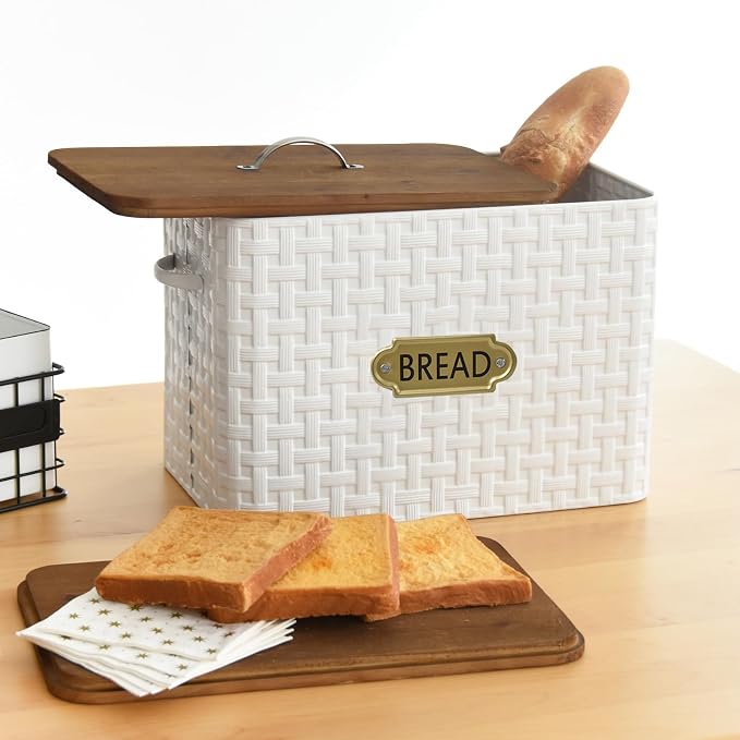 EMAX HOME Extra Large Space Saving Farmhouse Bread Box With Wood Lid - Vertical Breadbox Bread Storage Bin Holder for Kitchen Countertop, White - Image 4