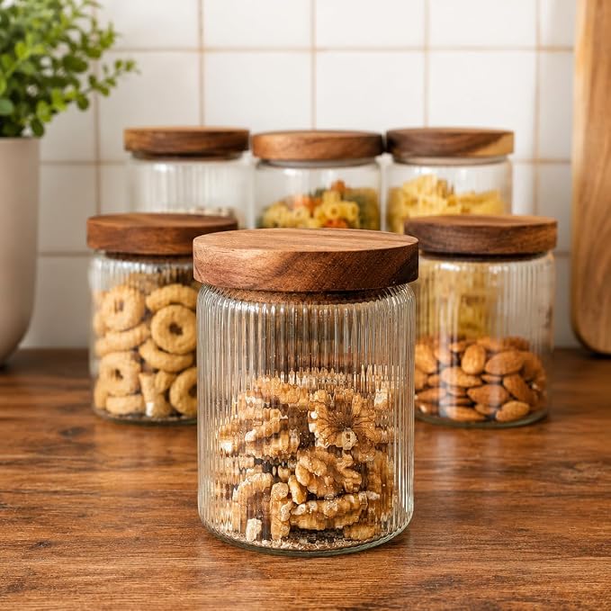 Mason & Fable Ribbed Glass Jar with Wooden Lid 17oz, Set of 3 | Airtight Fluted Storage Canisters for Food, Tea, Coffee, Candy/Spice | Organization Canisters for Home & Kitchen - Image 7