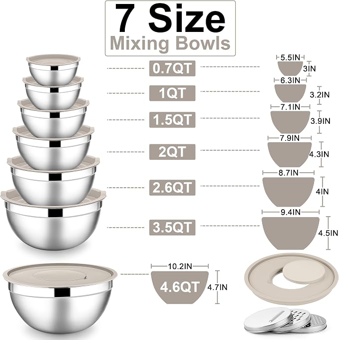 E-far Mixing Bowls with Lids Set, 7-Piece Stainless Steel Metal Mixing Bowls with Grater Attachments, Size 4.6, 3.5, 2.6, 2, 1.5, 1, 0.7QT, Nesting Design & Khaki Airtight Lids, For Cooking/Serving - Image 2