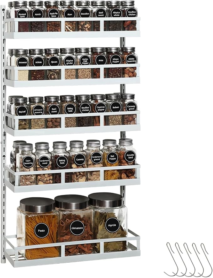 X-cosrack Wall Mount Spice Rack Organizer 5 Tier Height-Adjustable Hanging Spice Shelf Storage for Kitchen Pantry Cabinet Door, Dual-Use Seasoning Holder Rack with Hooks, White by X-cosrack