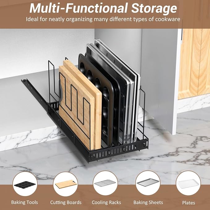 Housolution Pull Out Baking Tray and Cookie Sheet Cutting Board Organizer | 21.5" Deep & 12" Wide, 4 Adjustable Dividers, Sliding Rail Design, Sturdy Metal Structure, Adhesive/Screw Fixing - Image 2