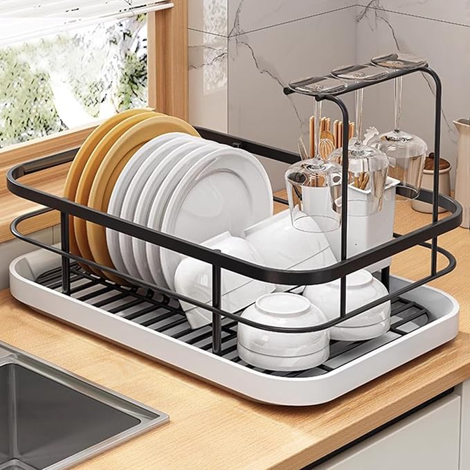 Kitchen Counter Dish Drying Rack,Stainless Steel Dishes Drainer with Utensil Holder,Space-Saving Dish Rack,Removable Plastic Drainer Tray for Dishes, Knives, Spoons (Black,Has Cup Holder) by SINGID