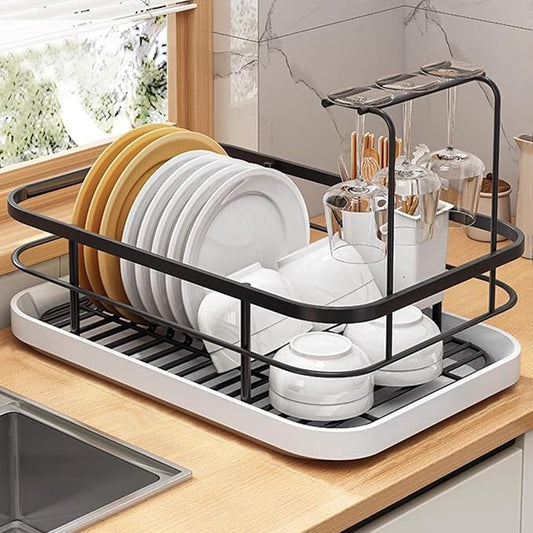 Kitchen Counter Dish Drying Rack,Stainless Steel Dishes Drainer with Utensil Holder,Space-Saving Dish Rack,Removable Plastic Drainer Tray for Dishes, Knives, Spoons (Black,Has Cup Holder) by SINGID