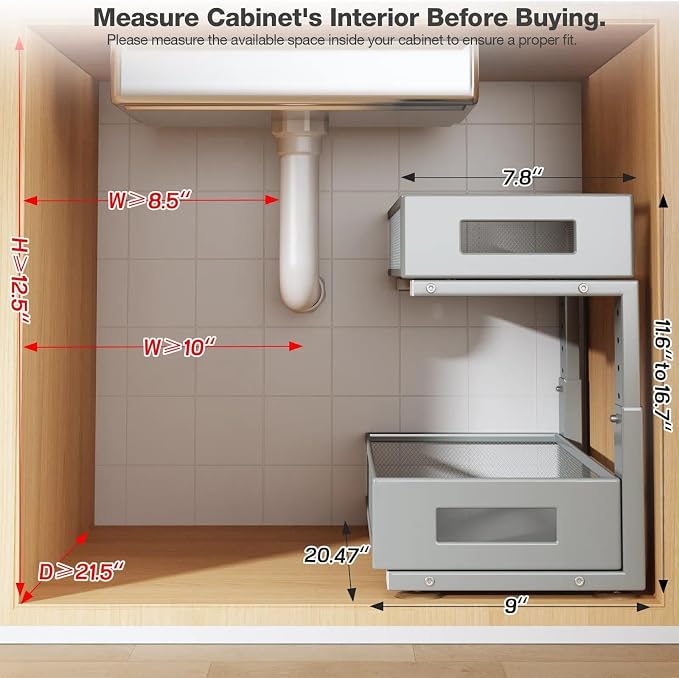 2 Packs 21IN Depth Under Sink Organizer, 2-Tier Pull Out Cabinet Organizer With Smooth Circular Rail, Large Capacity Metal Mesh Sliding Drawers For Bathroom& Kitchen Storage,Height Adjustable-Gun Gray - Image 2