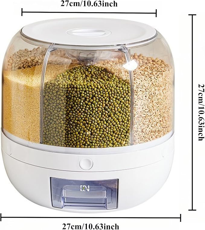 Rice Dispenser, 6-Compartment Rotating Grain Storage Container, Large | 360° Rotating Countertop Cereal Dispenser for Pantry with Push Button, Dry Food Organizer for Rice, Beans, Grains and Nuts - Image 5
