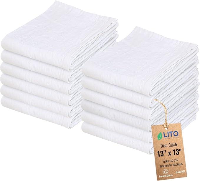 Dish Cloths Cotton| Kitchen Wash Cloth | Shop Towels Absorbent and Lint Free Flour Sack| Dishcloths for Kitchen Washing Dishes| Thick Absorbent Quick Dry Dish Rags | 12 Pack 13"x13" Natural by LITOLinenandTowel