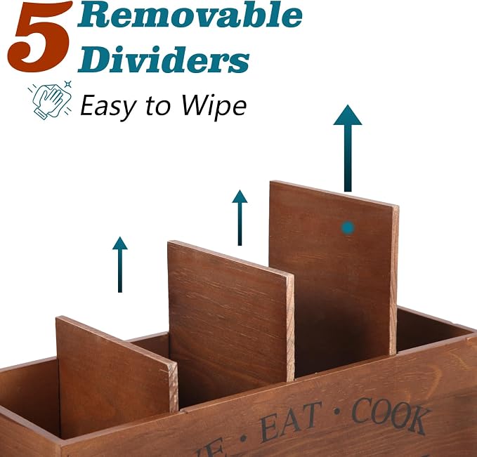 2 PC Wooden Utensil Holder,（With 4-Compartments size*1 + 3-Compartments size*1） Extra Large Kitchen Counter,Cooking Spatula Organizer,Farmhouse Decor, Rustic Cooking Utensil - Image 4