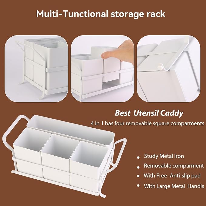 Silverware Caddy Metal Utensil Holder for Party Countertop Silverware Utensil Caddy Cutlery Flatware Organizer for Spoons Forks Plates Napkins White - Image 6