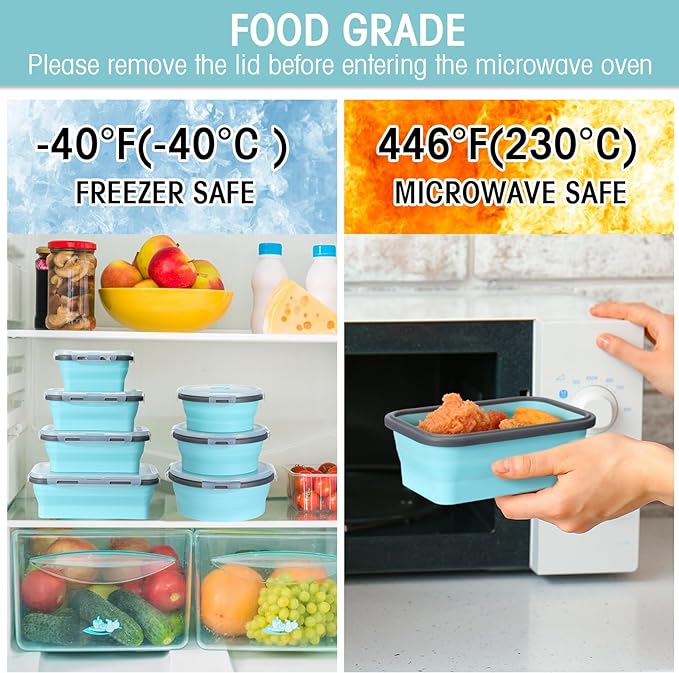 Yaomiao 16 Pack Collapsible Food Storage Containers with Lid Air Vent Foldable 8 Rectangle Storage Bowl and 8 Round Silicone Food Bow for Lunch Camping Rv Accessories Microwave Freezer(Gray, Blue) - Image 4