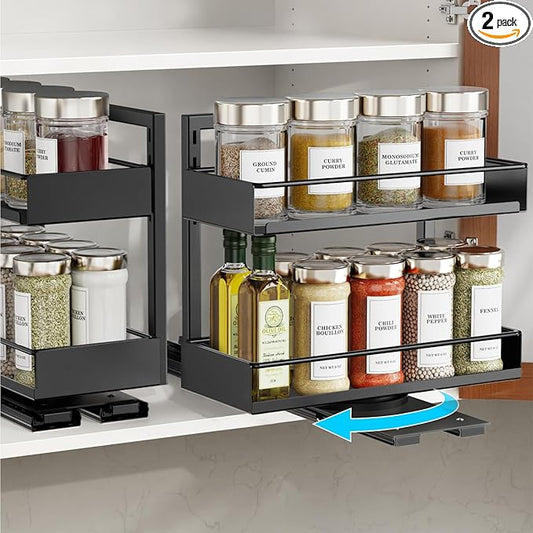 Pull Out Spice Rack - 2 Pack Spice Organizer for Cabinet | For Flat-Front Cabinets Only, Pull-Out Rotating Access, No-Drill Mount, Keeps Spices Visible Easy to Reach, Adjustable Height by iSPECLE
